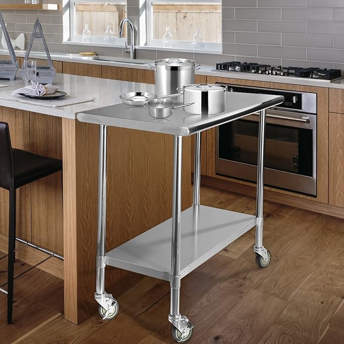 STABLEINK Stainless Steel Table with Caster Wheels 24 x 30 Inches, NSF Commercial Prep & Work Table with Adjustable Undershelf and Table Foot, for Commercial Kitchen, Restaurant, Hotel and Garage