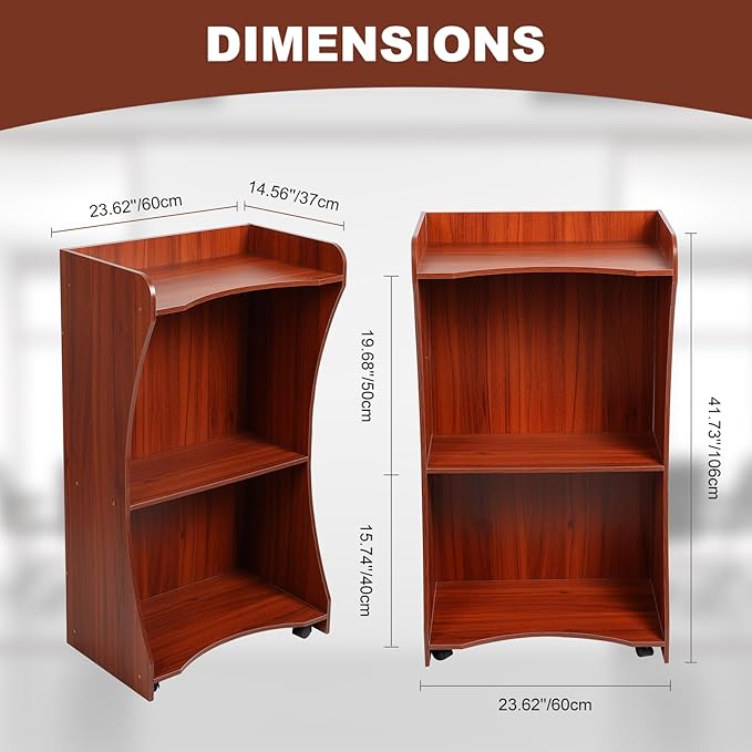 Podium Stand with Wheels, Wooden Versatile Reddish Brown Lectern for Classroom, Church Pulpits, Reception Desks, Lectures, Cash Registers