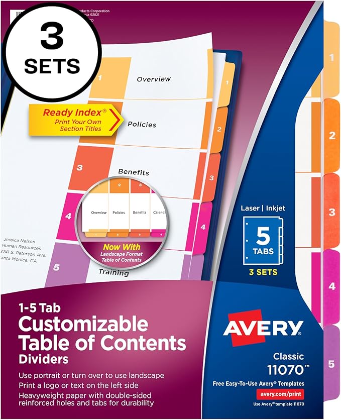 Avery 5 Tab Dividers for 3 Ring Binders, Customizable Table of Contents, Multicolor Tabs, 3 Sets (11070)