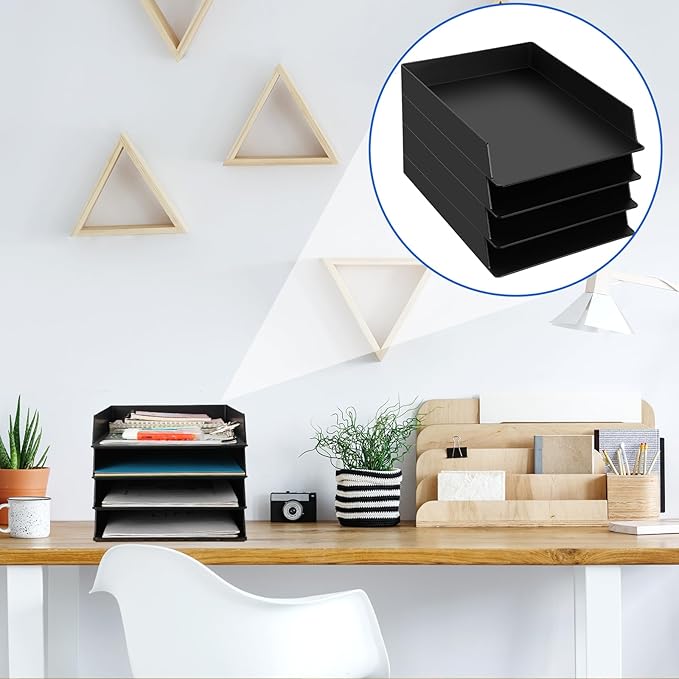 Wenqik 4 Pcs Stackable Paper Trays Rectangular Plastic Desk Tray Holder Desktop Document File Paper Organizer Plastic Storage Letter Tray for Office Classroom, Black