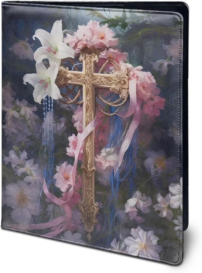 Cross Flower Print PU Leather Padfolio Clipboard Clip Business Resume Portfolio A4 Folder Interview Legal Document Organizer Business Card Holder Letter