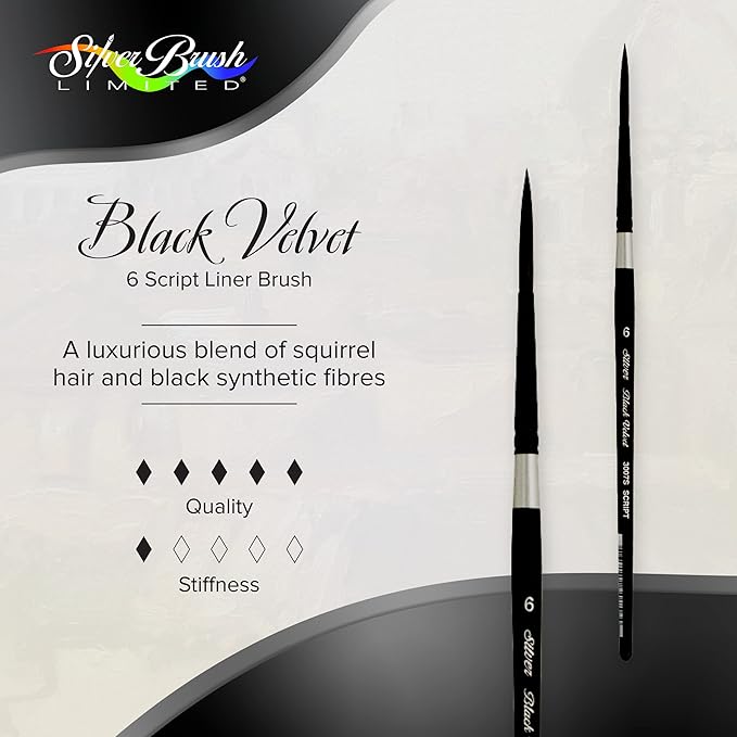 Silver Brush Limited 3007S -6 Black Velvet Script Liner Paintbrush for Watercolor, Gouache, Inks, & Dyes, Size 6, Short Handle