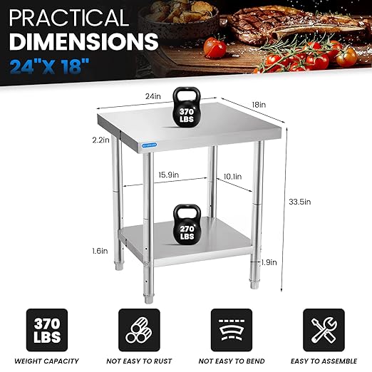 Stainless Steel Table for Prep & Work with Undershelf 18 x 24 Inches NSF Metal Commercial Kitchen Prep Table with Adjustable Under Shelf Worktable for Restaurant Home Outdoor