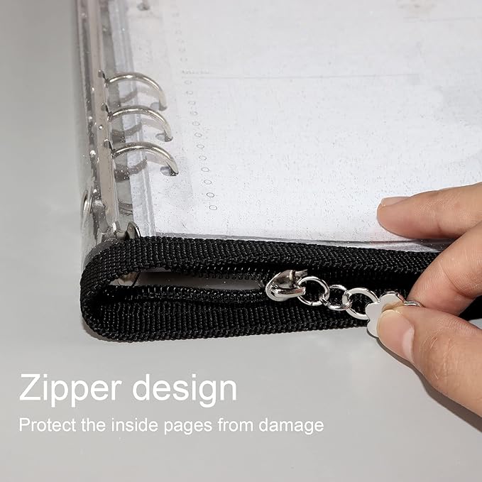 Multibey A5 Binder Cover Clear Soft PVC 6-Ring Binder Budget Evelopes System with Zipper Planner Organizer Refillable Notebook Journal Binder (Black, A5)