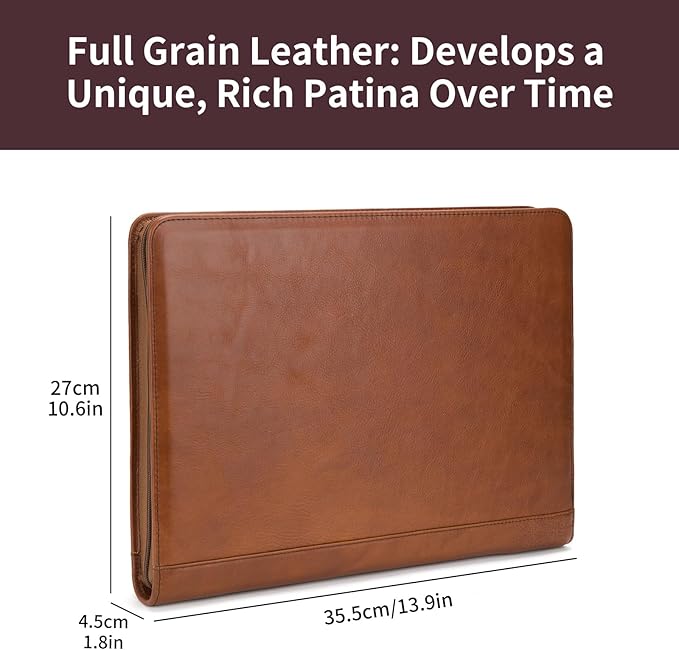 Genuine Leather Portfolio Binder, Zippered Padfolio for Men Women, Business Folio with 8.5” x 11” Notebook Holder and 13” Laptop Sleeve, Professional Executive Folder, Brown, Oil Tanned