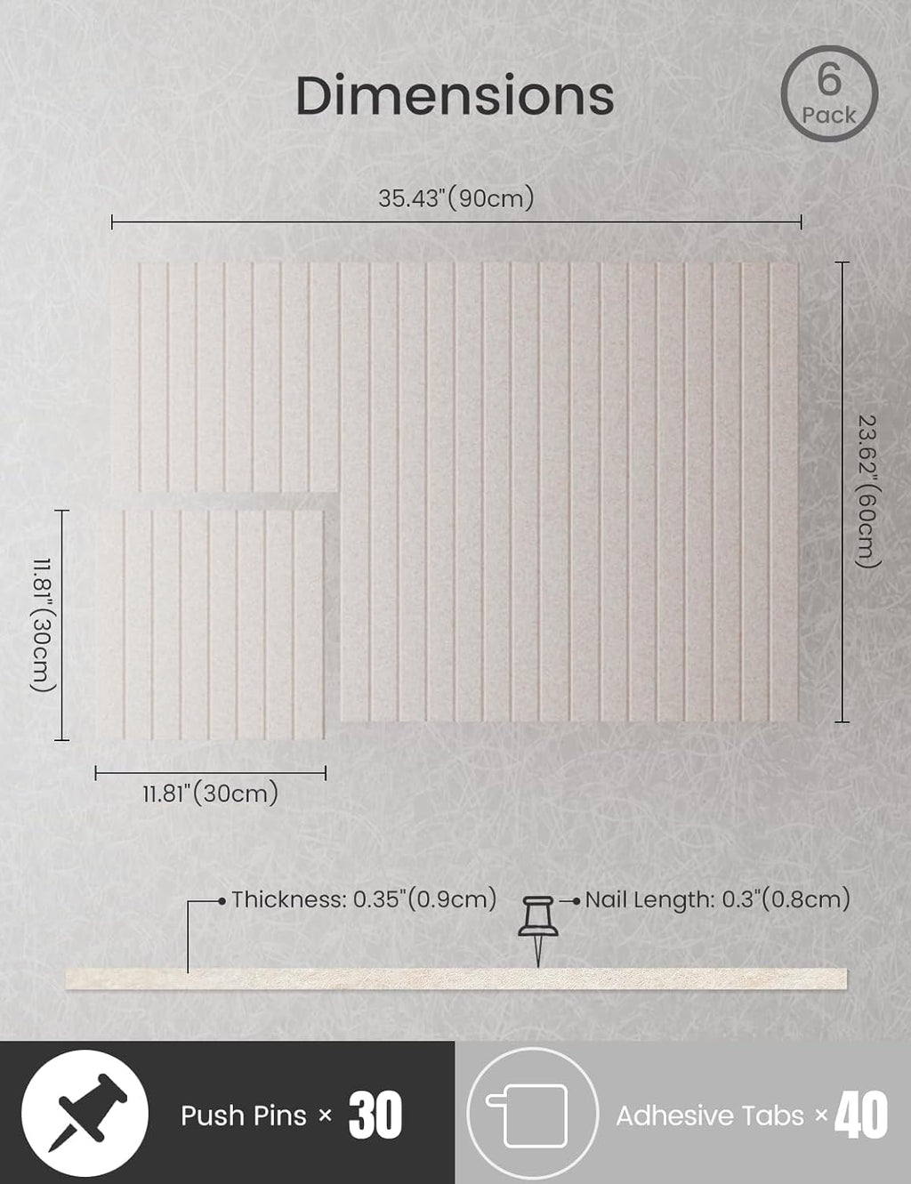 Bumusty Large Cork Board Alternative-36 x24 Felt Bulletin Board Tiles, with 30 Pushpins, 40 Adhesive Tabs, 6-Pack Slat Wall Paneling, Cork Boards for Office Push Pin Board Felt Board-Oatmeal