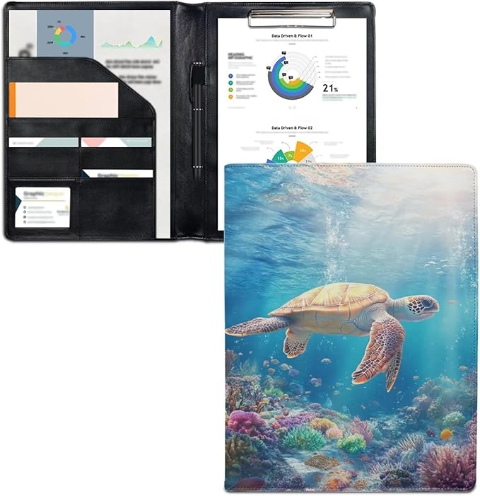 Cozeyat Padfolio Clipboard Folder Portfolio Ocean Sea Turtle PU Leather Clipboard with Cover for Legal Pad Holder Letter Size Writing Pad for Business School Office Conference Notepad Clip Boards