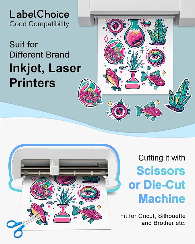 100 Sheets 8.5x11 Printable Sticker Paper work with Inkjet, Laser Printer & Cricut Maker, Labelchoice Blank Matte White Full Paper Sticker Printer Paper, Self Adhesive A4 Letter Size Full Sheet Labels