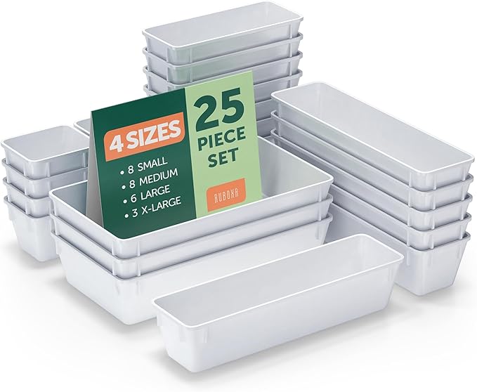 25 PCS White Plastic Drawer Organizers Set, 4 Sizes White Drawer Organizers & storage Bins for Makeup/Jewelry Vanity, Kitchen Gadgets Or Office Desk. Bathroom Drawer Organizer Trays With Non-Slip Pads