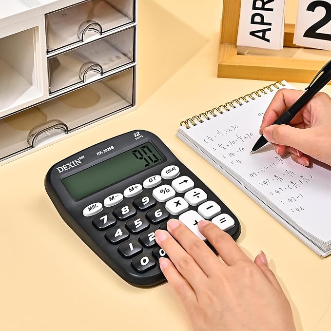 Cute Calculators Desktop, 12 Digit Basic Calculator with Big Buttons, Aesthetic Desk Accessories Large LCD for Office School Supplies (Black)
