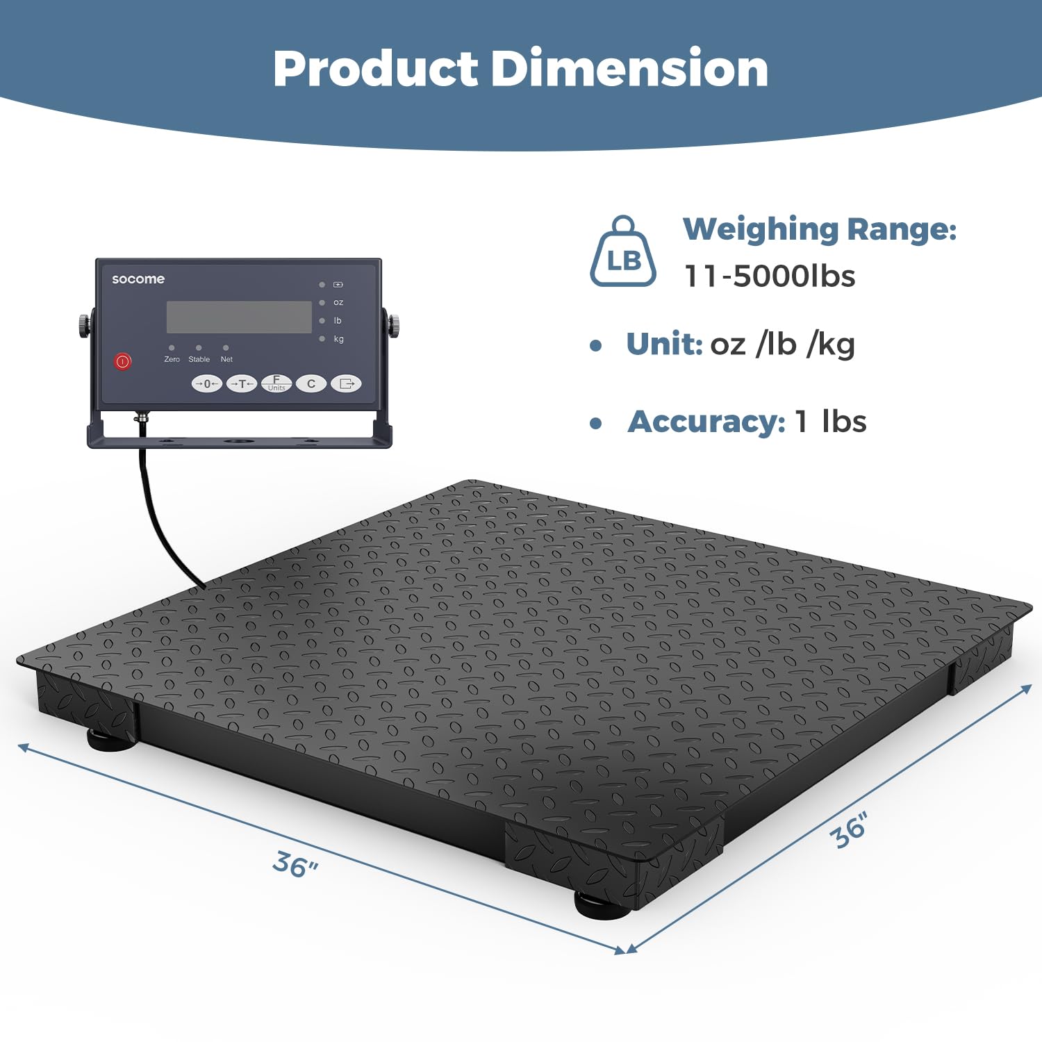 36"x36" Industrial Floor Scale, Heavy-Duty Warehouse Scale with Digital Indicator, Accurate Pallet Scale for Postal Luggage Shipping Mailing Weighing, 5000 lb x 1 lb, Black