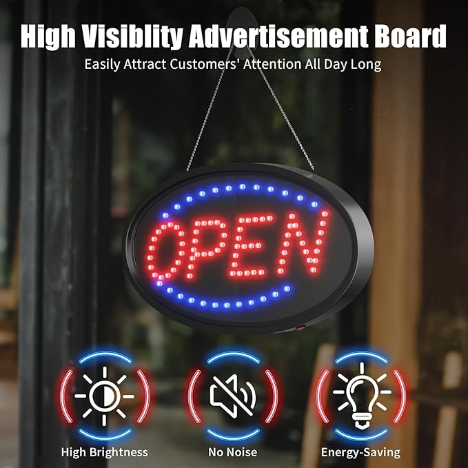 LED Open Sign for Business, Neon Open Sign LED Electronic Billboard Advertising Board Light Up Display Sign, 2 Modes Flashing Light for Wall, Window, Store, Bar, Cafe, Shop (Oval 19x10 in)