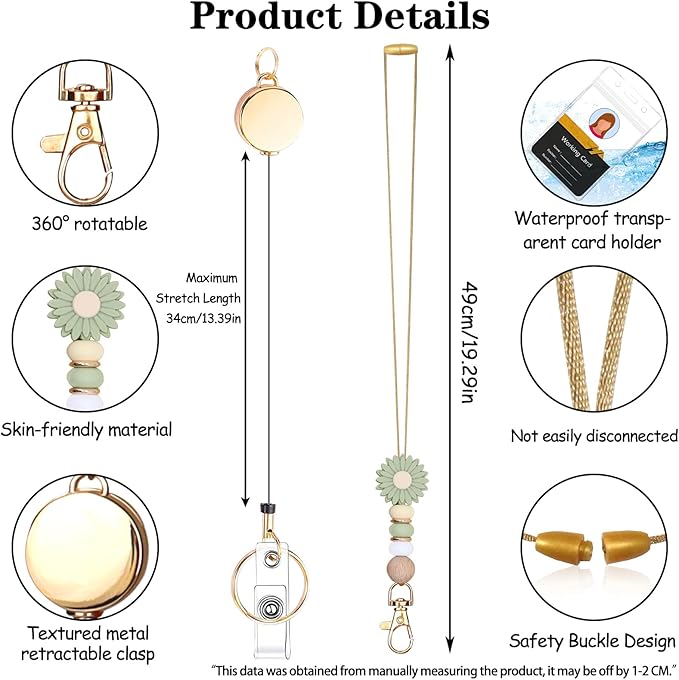 Colorful ID Badge Holder with Silicone Beads Lanyard Set,Cute Teacher Breakaway Lanyard for Keys & Keychain with Cute Retractable Badge Reel Holder,Gift for Women,Nurse, Teacher. (Daisy 2)