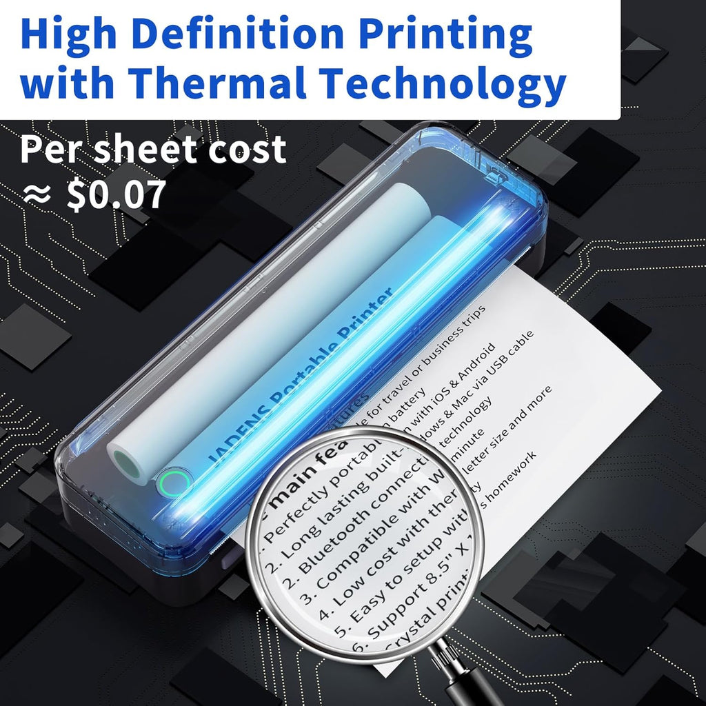 JADENS Bluetooth Thermal Printer, Support 8.5" X 11" US Letter, Portable Printers Wireless for Travel, Inkless Printer Compatible with iOS, Android, Mobile Printer for Home, Office, School