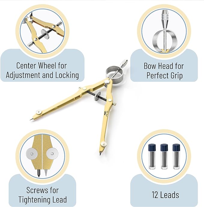 Mr. Pen Professional Geometry Compass - Gold with Extra Leads, Metal with Lock, Drawing & Drafting Compass