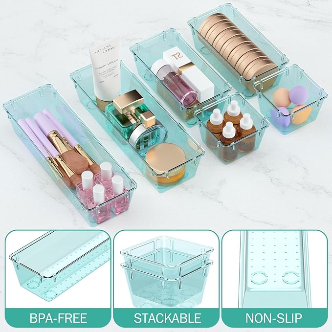 WOWBOX 12 Pack Clear Drawer Organizer Set, Acrylic Drawer Storage Trays, Storage Bins for Makeup, Cosmetics, Jewelries, Utensils, Gadgets, Office, Sea Blue