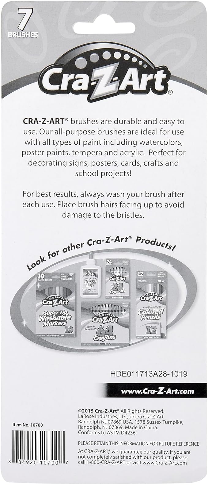 Cra-Z-Art Artist Brushes, Assorted Sizes Blist Carded, 7 Count