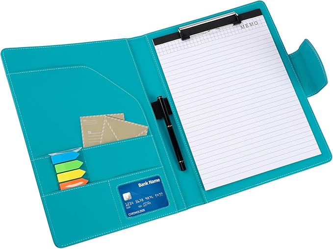 A4 Clipboard Folder Padfolio Clipboard,Faux Leather Interview Resume Folder with Magnetic Cover,Conference Document Organizer with Papers,Sticky Tabs,Pen,Work Folio for Women & Man,Pale Turquoise