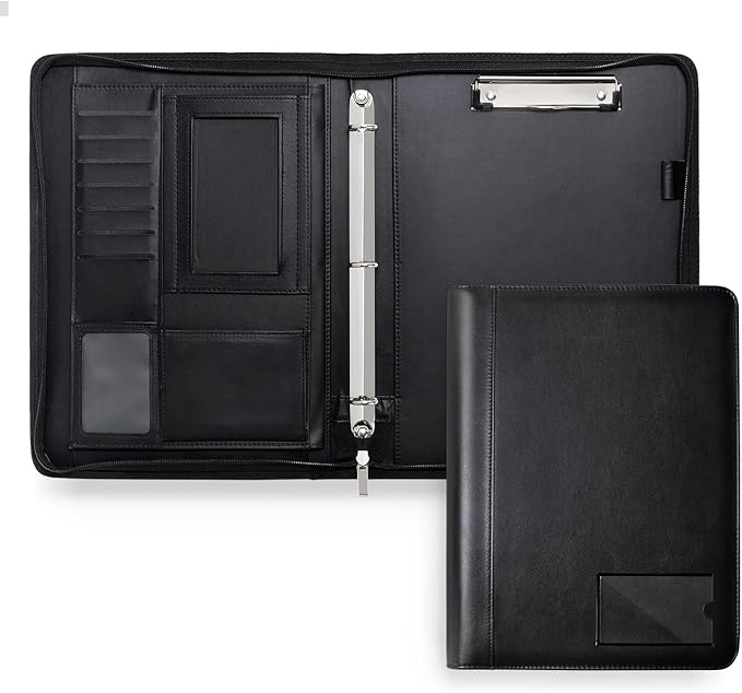 Portfolio Binder - 3 Ring Padfolio with Zipper, PU Business Portfolio Card Holder Tablet Sleeve A4 Writing Pad Clipboard, Meeting Document Organizer for Men Women