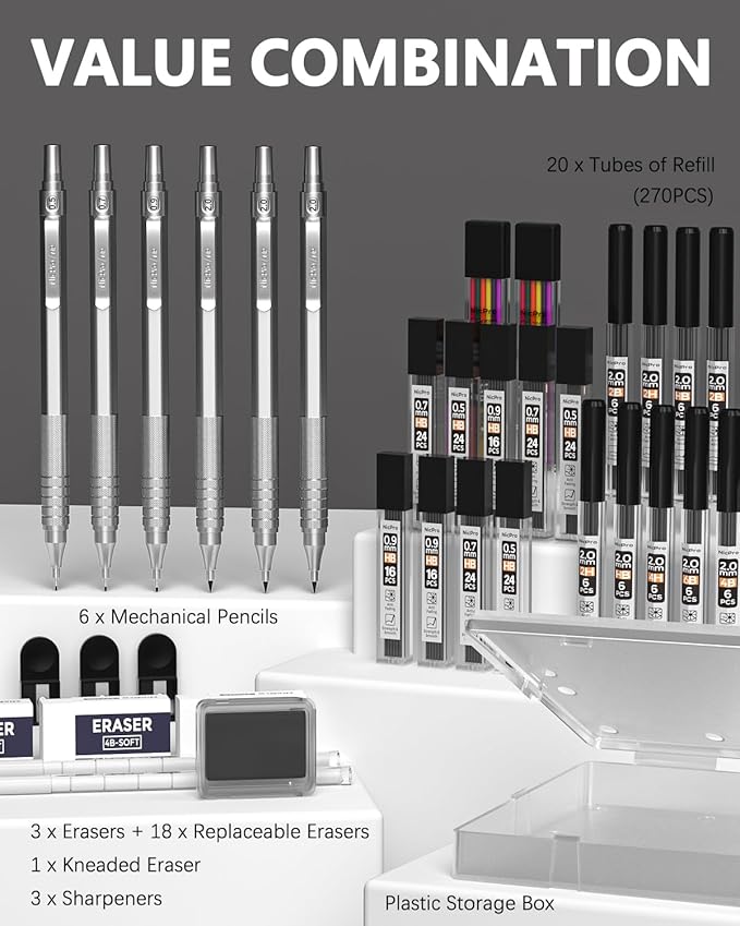 Nicpro 35PCS Black Metal Mechanical Pencils Set in Case, Art Drafting Pencil 0.5, 0.7, 0.9 mm & 3PCS 2mm Graphite Lead Holder for Drawing Sketching With 20 Tube Lead Refills(6B 4B 2B HB 2H 4H Colors)