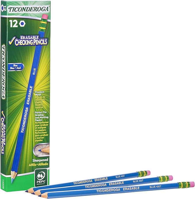 Ticonderoga Erasable Checking Pencils with Eraser, Pre-sharpened, Red, 12-Pack (14259) & Erasable Checking Wood-Cased Pencils, Pre-Sharpened, Blue, 12 Count