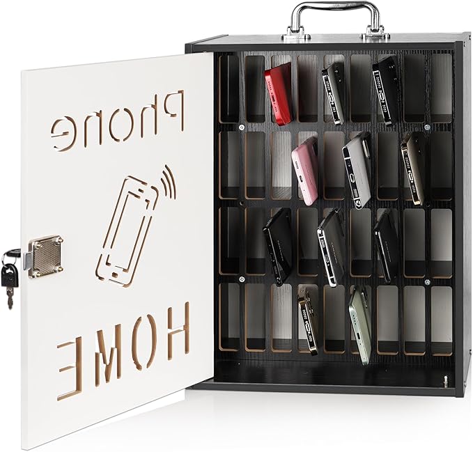 Cell Phone Holder Classroom 36 Slots Wooden Cell Phone Storage Cabinet Pocket Chart with Handle and Security Lock for Classroom Office (36 Grid Cabinet Black)