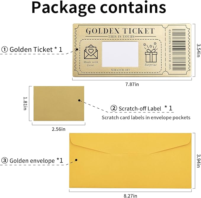 1 Piece Golden Ticket Scratch-off Card with Envelope, Scratch & Reveal Surprise Ticket for Writing Your Own Special for Birthday, Gifts for Girlfriends, Wives, Valentine's Day Card, Christmas Gift Card
