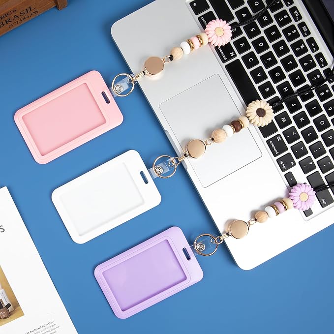 9 in 3 Sets Pink Brown Purple Retractable Lanyard for ID Badge Lanyard with ID Holder Breakaway Lanyard Badge Reel Lanyard Silicone Beaded Lanyard