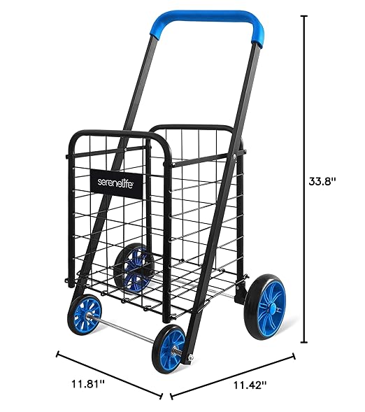 SereneLife Kids Utility/Shopping Cart with Rolling Swivel Front Wheels,66 lbs Capacity,Portable,Lightweight,Collapsible Compact Easy Folding Saves Space, Grocery,Laundry,Luggage with Your Child Blue