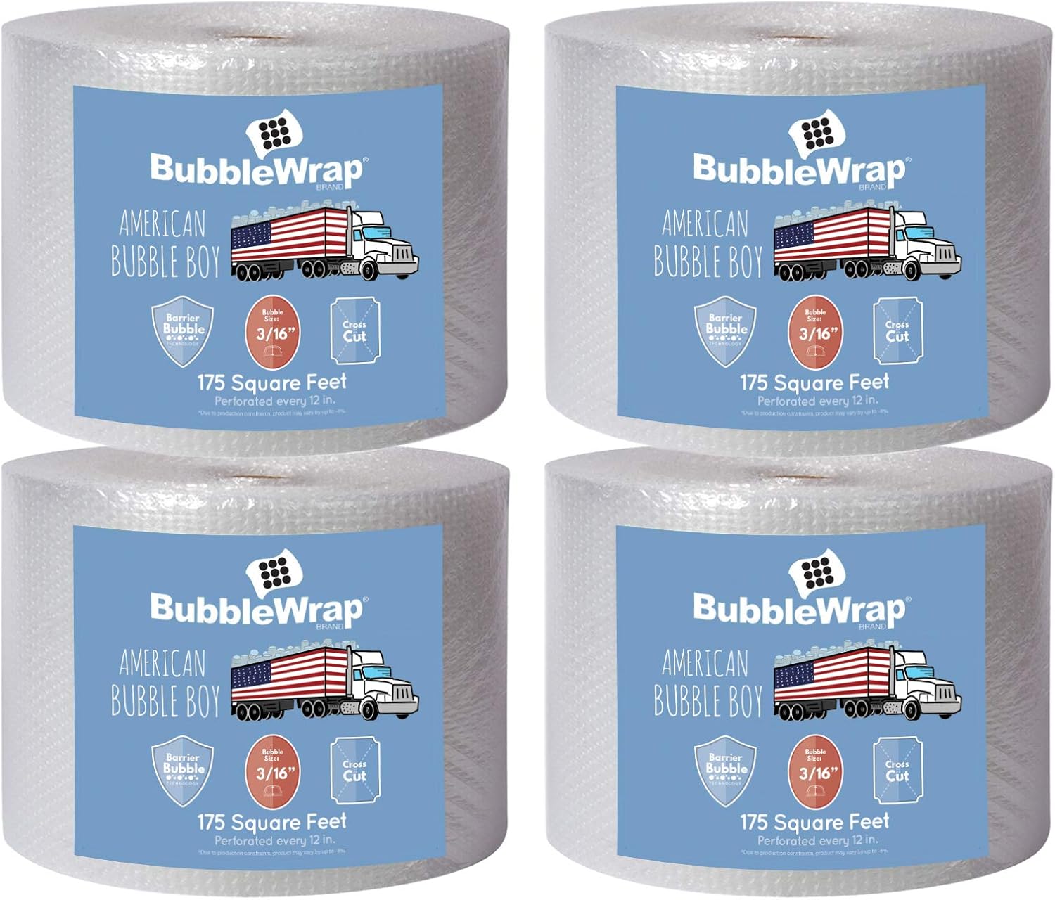4 large rolls of Bubble Wrap total 700 feet, small bubble wrap 3/16 cushioning, 700 ft, heavy duty, perforated Every 12" Made in the USA by American Bubble Boy, bulk bubble wrap for moving, shipping