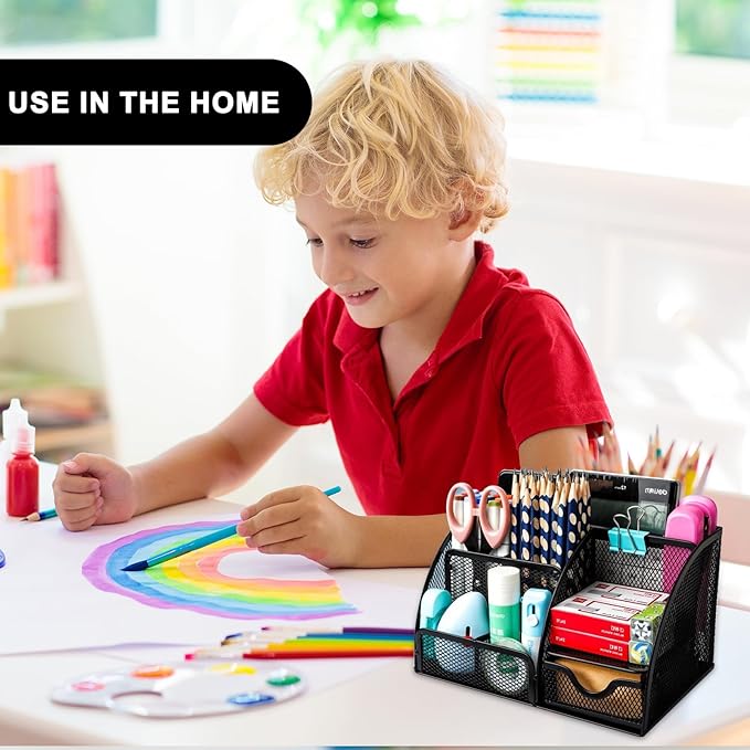 Mesh Desk Organizer, Desktop Organizer with Drawer, Office Supplies Multi-Functional Caddy, Metal Stationary Black Desk Caddy, with 6 Compartments and 1 Drawer for Home, School, Workshop, kitchen