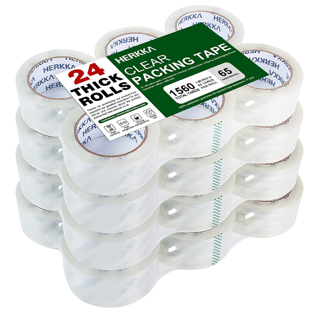 HERKKA Clear Packing Tape, 24 Rolls Heavy Duty Packaging Tape for Shipping Packaging Moving Sealing, Thicker Clear Packing Tape, 1.88 inches Wide, 65 Yards Per Roll, 1560 Total Yards