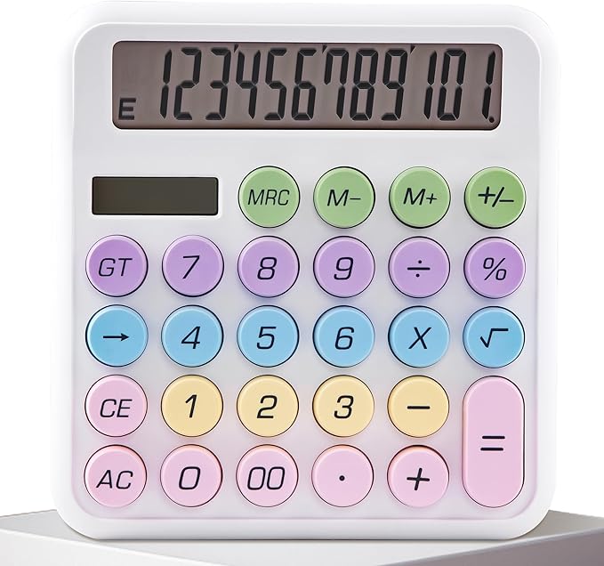 Golcellia Calculators Desktop, White Mechanical Calculator, Cute Calculator 12 Digit Desk Basic Calculator Large Display, Dual Power Solar Battery, Office Home School Supplies for Adults & Students