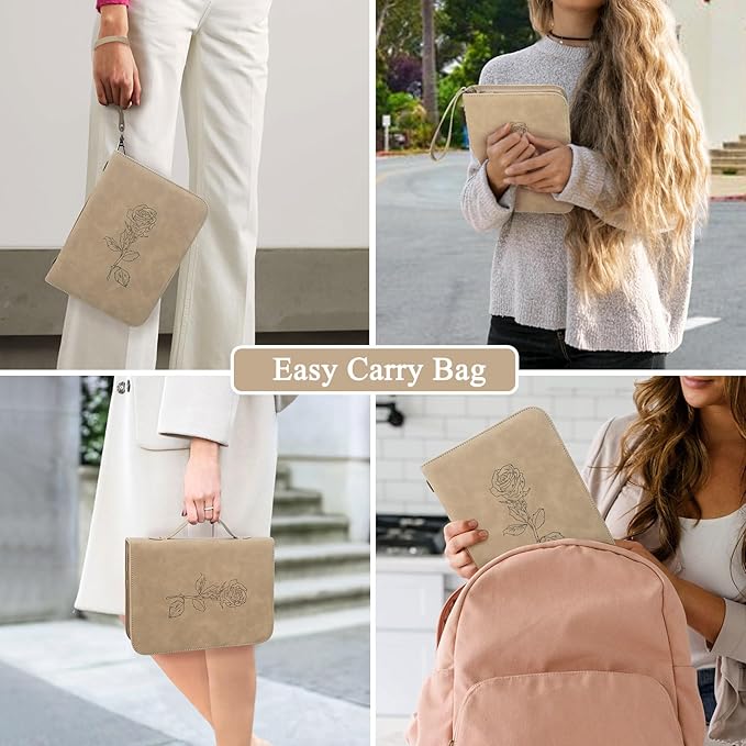 Leather Bible Cover for Woman & Men, Women’s Bible Case with Rose Bookmark for Bible Supplies-Girls Carrying Bag Tote with Strap, Personal Size Book Organizer for Journaling Bible-Khaki