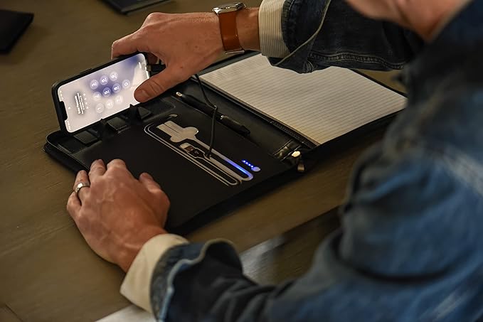 Phone Charging Business & Travel Portfolio w/Built-in Power Bank- Zipper Closure & Refillable Pad- Professional Organizer Padfolio That Charges Phones/Tablets on The Go (Gray)