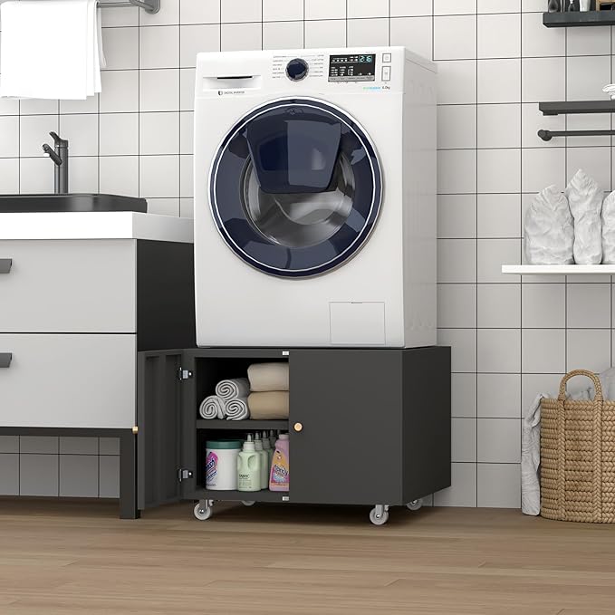 Small Space Printer Stand with Doors, Metal Fax Machine Stand with Storage, Low Printer Table, Black Modern Under Desk for Home Office, Small Carts for Scanner, Fax, Computer, Black