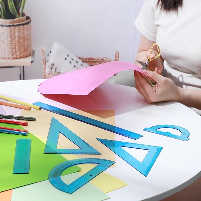Tenare 6 Pcs Plastic Ruler Math Set Includes 12 Inch 6 Inch Straight Ruler Protractor Triangle Rulers Geometry Transparent Math Ruler Measuring Tools for School Office Home(Blue)