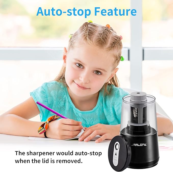 JARLINK Electric Pencil Sharpener, Heavy-duty Helical Blade to Fast Sharpen, Auto Stop for No.2/Colored Pencils(6-8mm), USB/Battery Operated in School Classroom/Office/Home (Black)