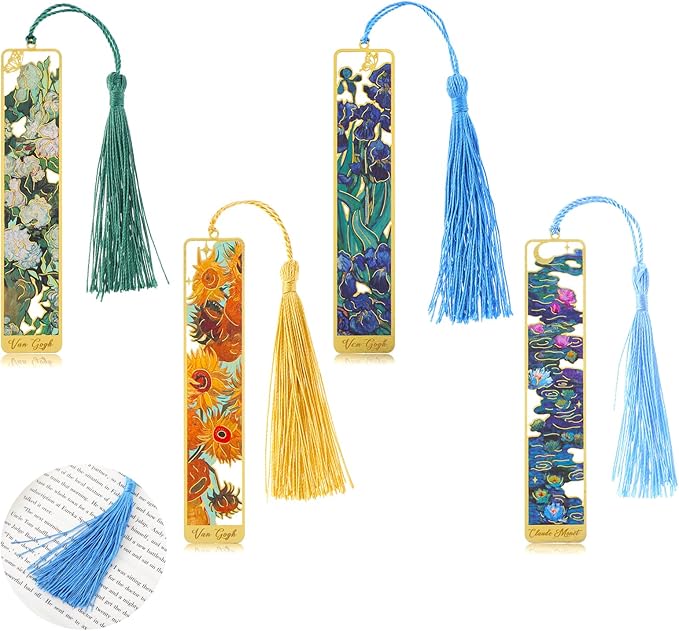 Sibba Book Marks for Book, 4Pcs Hollow Flower Metal Bookmarks with Tassels, Durable Retro Handmade Bookmarks for Women Kids Students Teachers and Book Lovers, Pretty&Increase Reading Interest