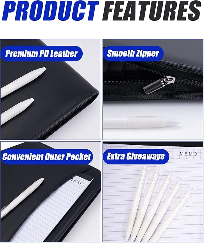 Gwybkq Padfolio Organizer Zippered Portfolio, Leather Binder with Notepad and Gel Pens, Men Women Business Folder for Resume, Document, Pad, Phone and Cards (Black)