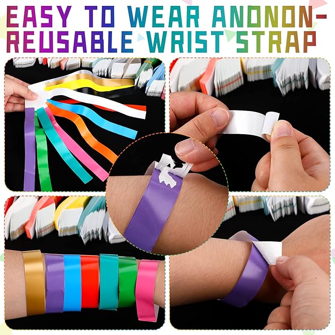 Epakh 600 Pcs Paper Wristbands Neon Wrist Bands Waterproof Handbands for Events Lightweight Concert Wristbands Neon Colored Adhesive Wrist Band for Party