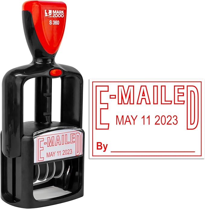 Self-Inking Rubber Date Office Stamp with E-Mailed Phrase - Red Ink - 12-Year Band