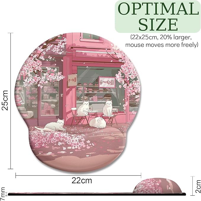 Cat Ergonomic Mouse Pad with Wrist Rest, Pink Cherry Blossom Computer Mouse Pad Wrist Support with Non-Slip Pain Relief PU Base, Cute Office Desk Decor Accessories Japanese Dessert House