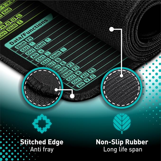 Excel Shortcut Keys Mouse Pad - Extended Large XXL Cheat Sheet Gaming Mousepad | PC Office Spreadsheet Keyboard Mat | Non-Slip Stitched Edge