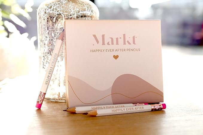Markt Mini Pencils for Bridal Shower Games, Bridal Shower Pens, Happily Ever After Pencils, Small Pencil Set For Prizes, Game Winner Gifts (White With Pink Eraser)