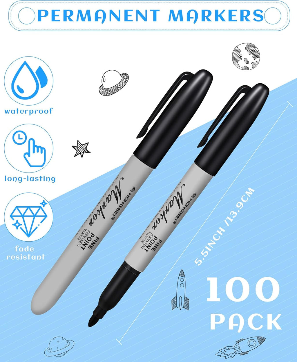 Thenshop 100 Pack Permanent Markers Bulk Black Permanent Marker Set Fine Point Pens Work on Wood, Metal, Stone, Glass