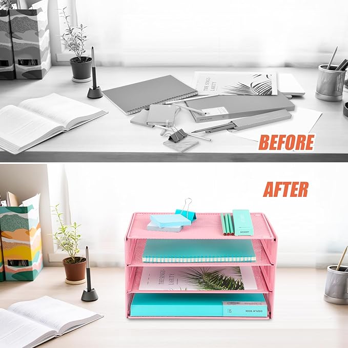 EASEPRES 3 Tier Paper Organizer Tray, Pink