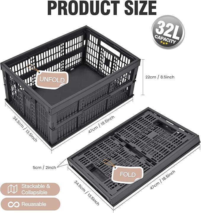 2-Pack Pastel Plastic Storage Baskets, Collapsible Crates for Organizing, Space-Saving Bins for Classroom, Kitchen, Office, Bedroom (Dark Grey, 19" x 13" x 9")
