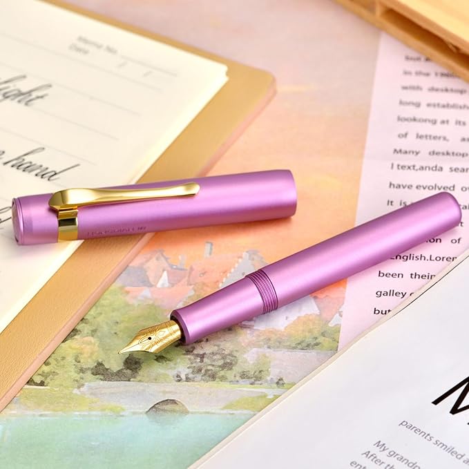 Hongdian M2 Black Forest Mini Fountain Pen, Medium Soft Golden Nib & Sleek Shape Aluminium Short Pocket Travel Pen (Lilac Purple)