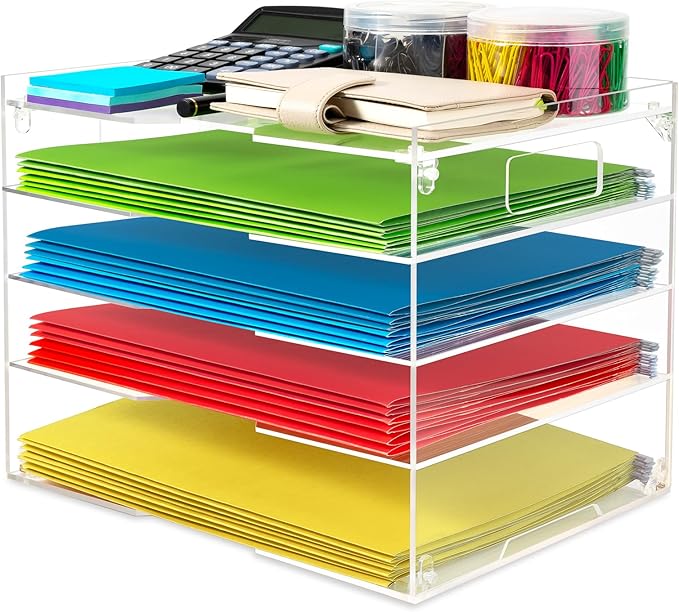 Paper Organizer File Letter Tray for Desk Office Organization Acrylic Folder Document Accessories Storage, Home School Desktop Supplies, 5 Tier with Handle